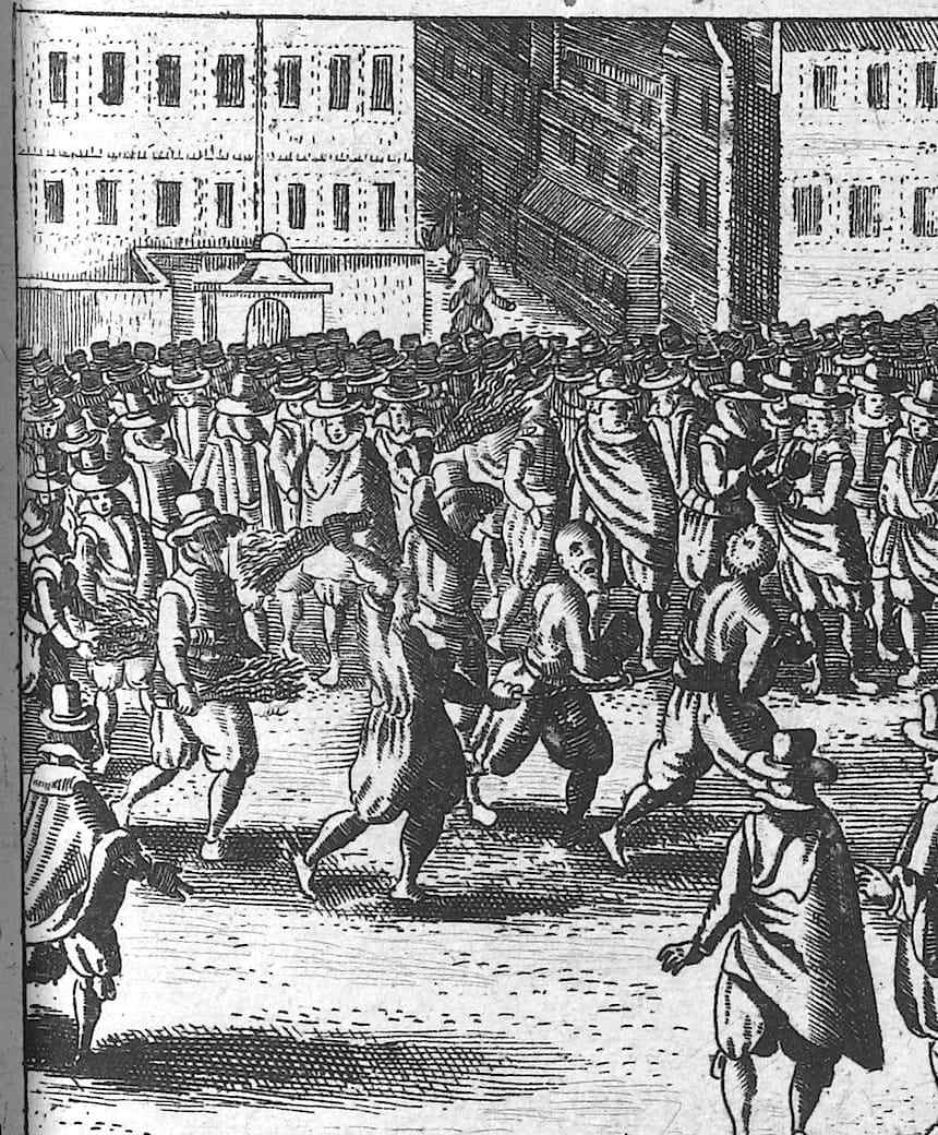 An engraving of a crowd in a street as three men are driven through it with rods