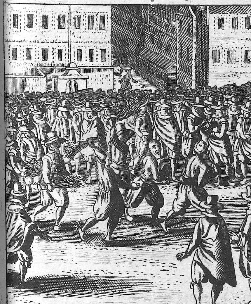 An engraving of a crowd in a street as three men are driven through it with rods