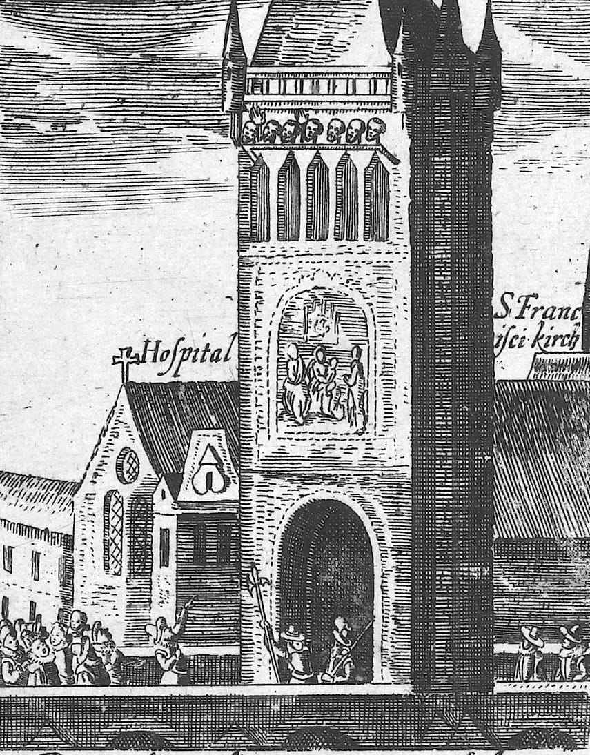 An engraving of a tall gothic gate tower with a row of small shapes along its top, a chapel and a hospital beside it
