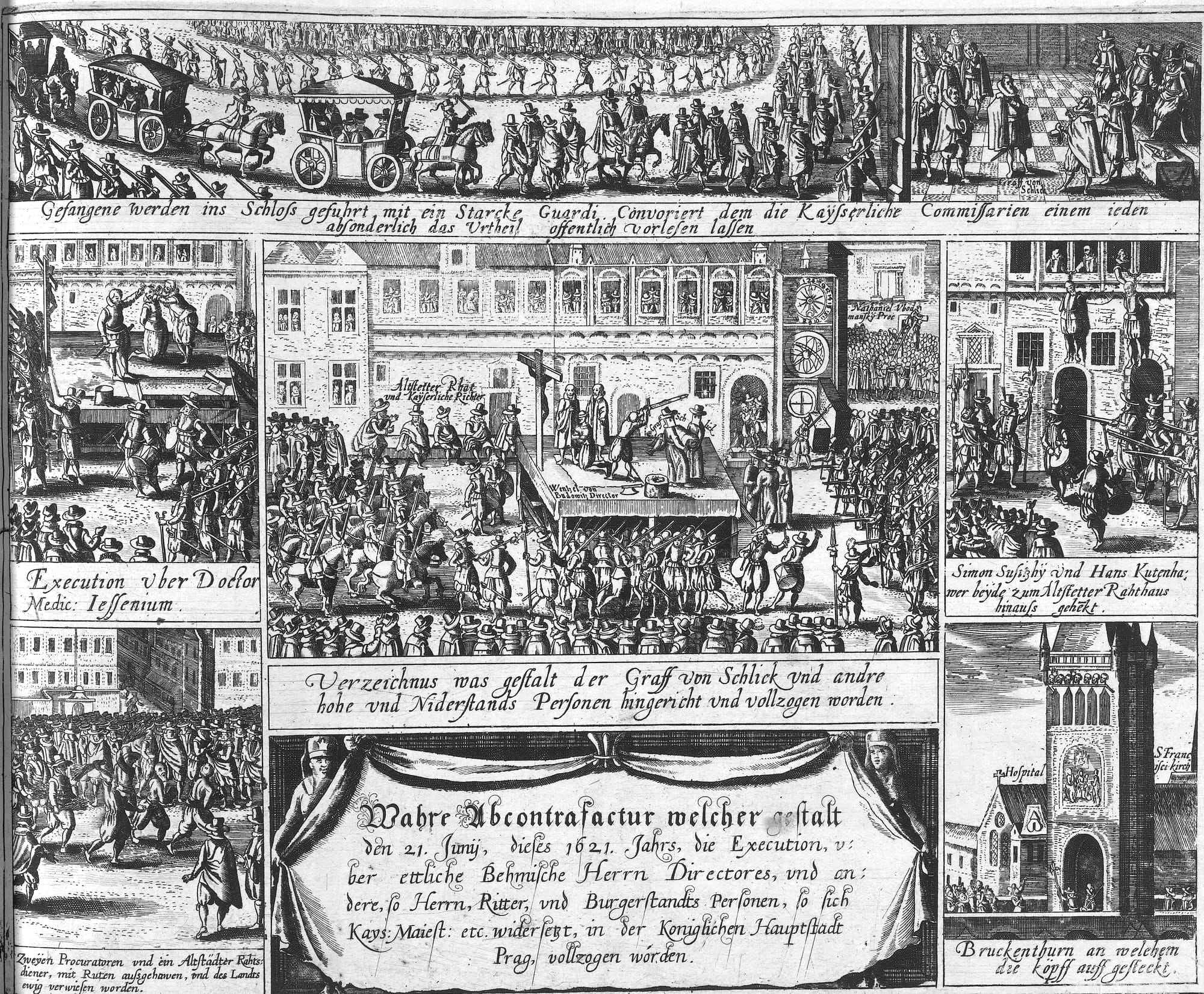 A printed sheet of seven engraved scenes around a title in a curtained cartouche