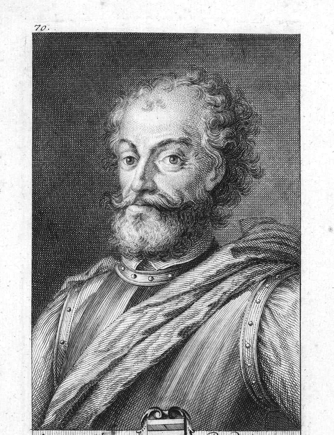 An engraved portrait of a bearded man with a long moustache, in a fur-trimmed coat, his coat of arms below