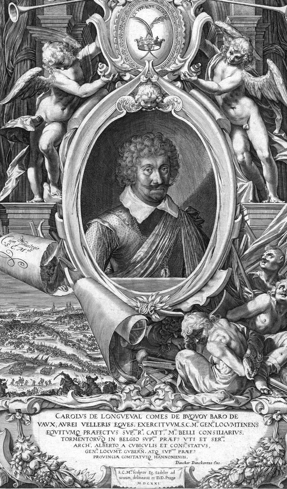 An engraved portrait of a commander in an oval frame, surrounded by cherubs, trophies of arms and a long Latin inscription