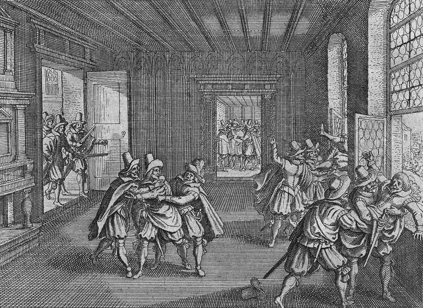 An engraving of a panelled room where men in cloaks and hats seize others and push them towards an open window