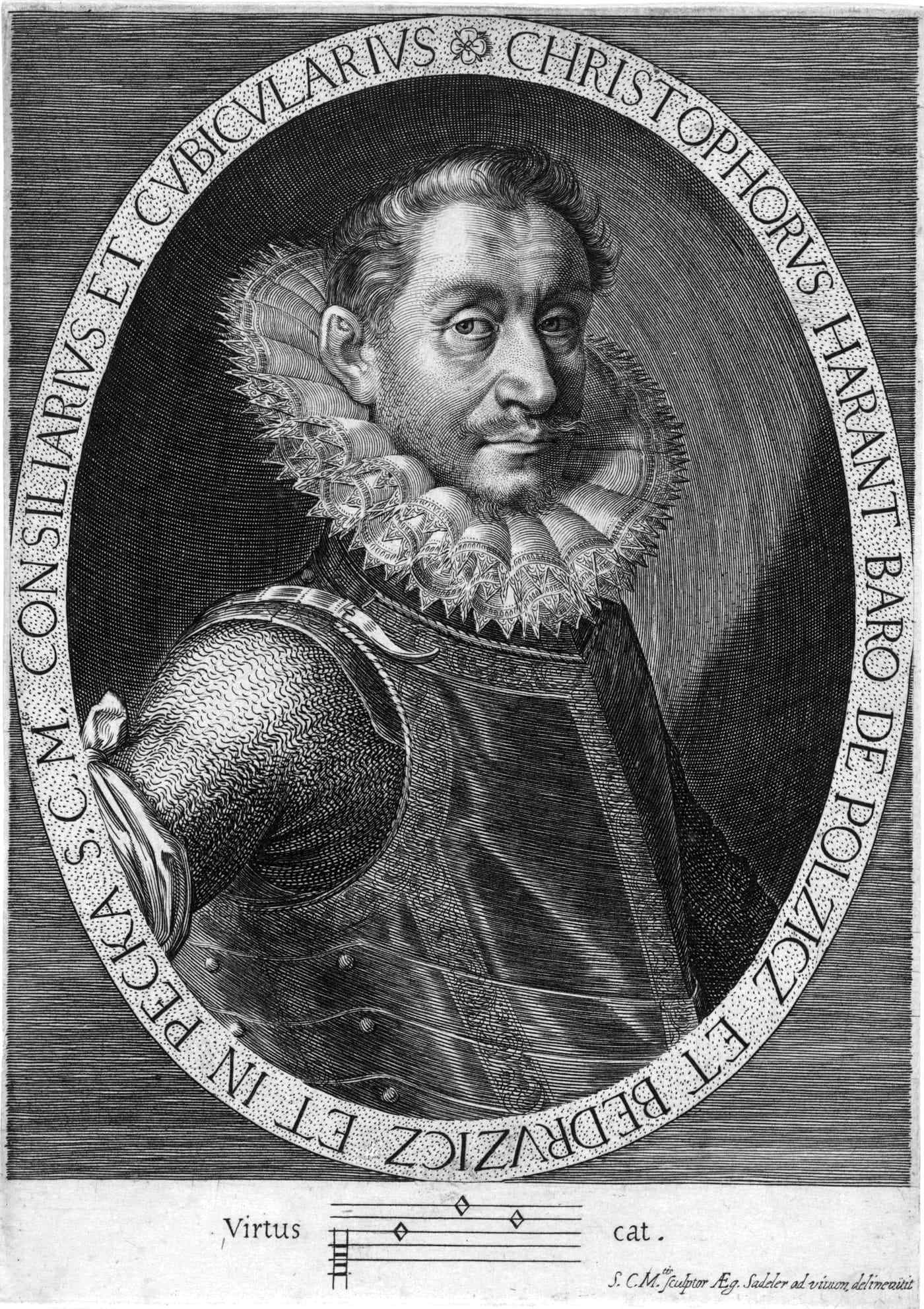 An oval engraved portrait of a man in armour with a large ruff, his name and titles in Latin round the frame, a line of music below