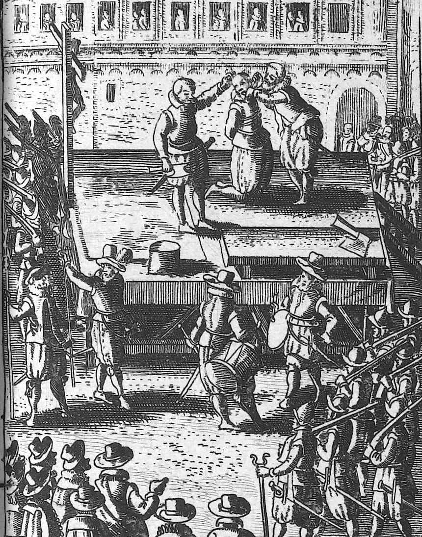 An engraving of a scaffold where a man in a long gown is held while another leans towards his face; soldiers with halberds stand below