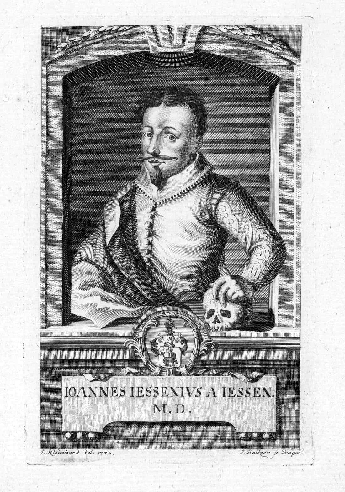 An engraved portrait of a man with a pointed beard in a window frame, his hand resting on a skull, a Latin name plate below