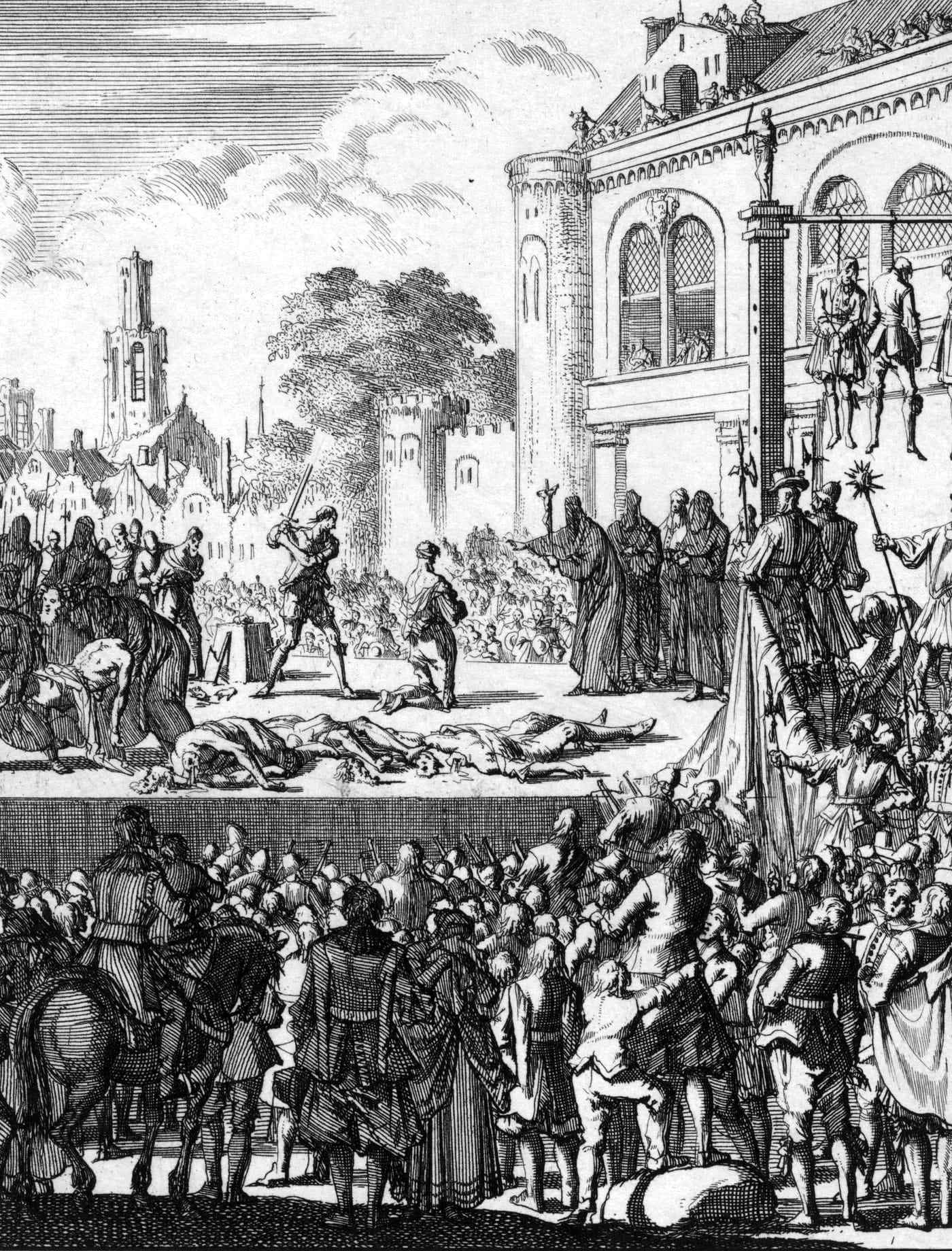 An etching of an execution before a great building: bodies laid out on a scaffold, a crowd and riders in front, men hanged from a window