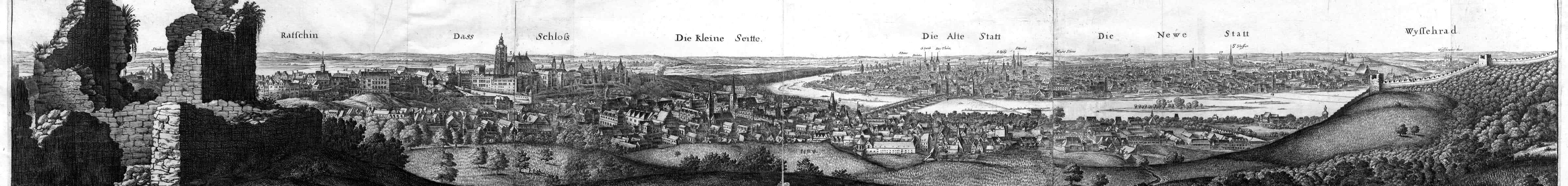 A long etched panorama of a city on a river: a castle and cathedral on the left, a long stone bridge, a crowded old town of towers on the far bank