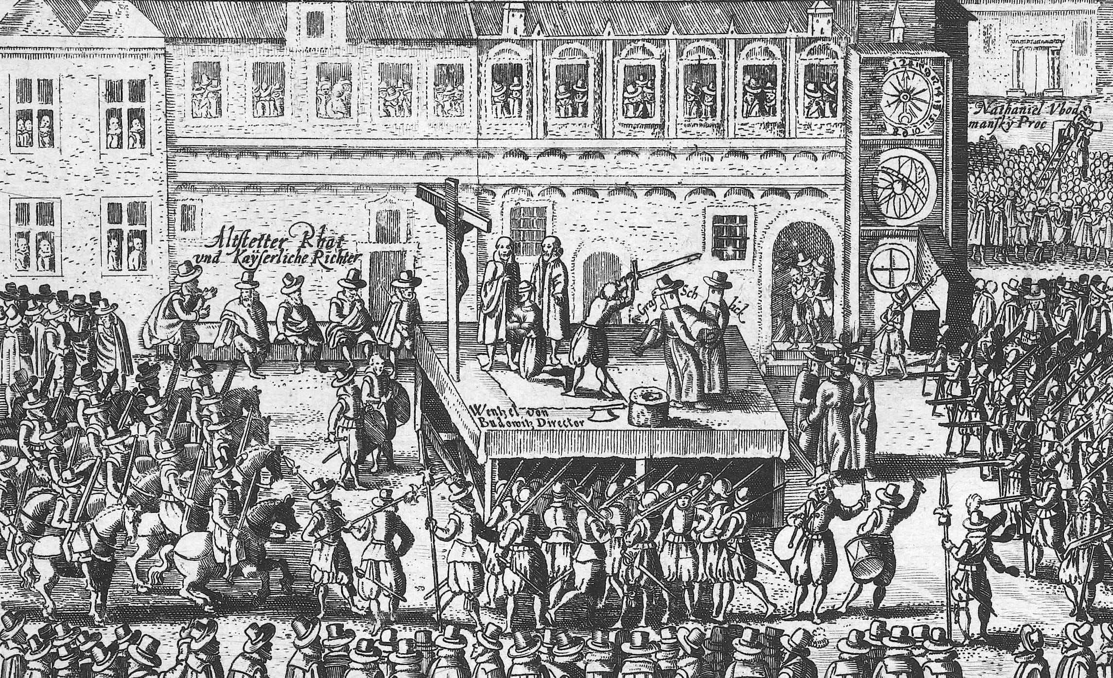 An engraving of a crowded square: a scaffold before a town hall with a clock tower, a kneeling man under a raised sword, judges seated to the left, soldiers and riders all round