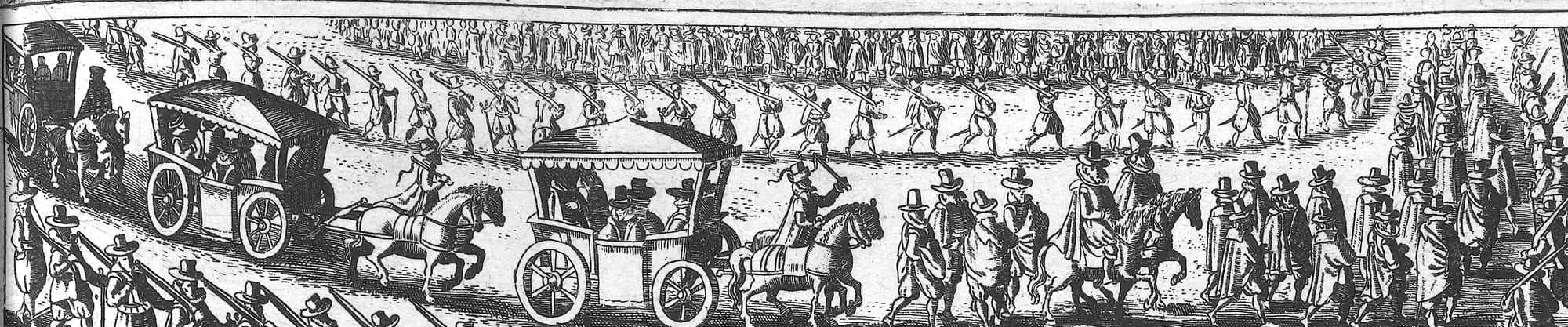 A long engraved strip of carriages, riders and soldiers in a winding procession