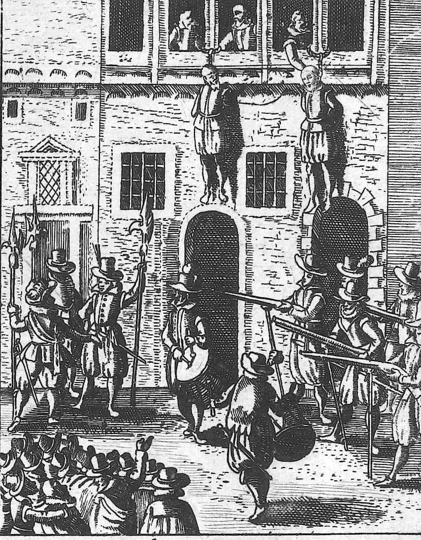 An engraving of two men hanging from a beam out of an upper window of a stone building, soldiers with long pikes below