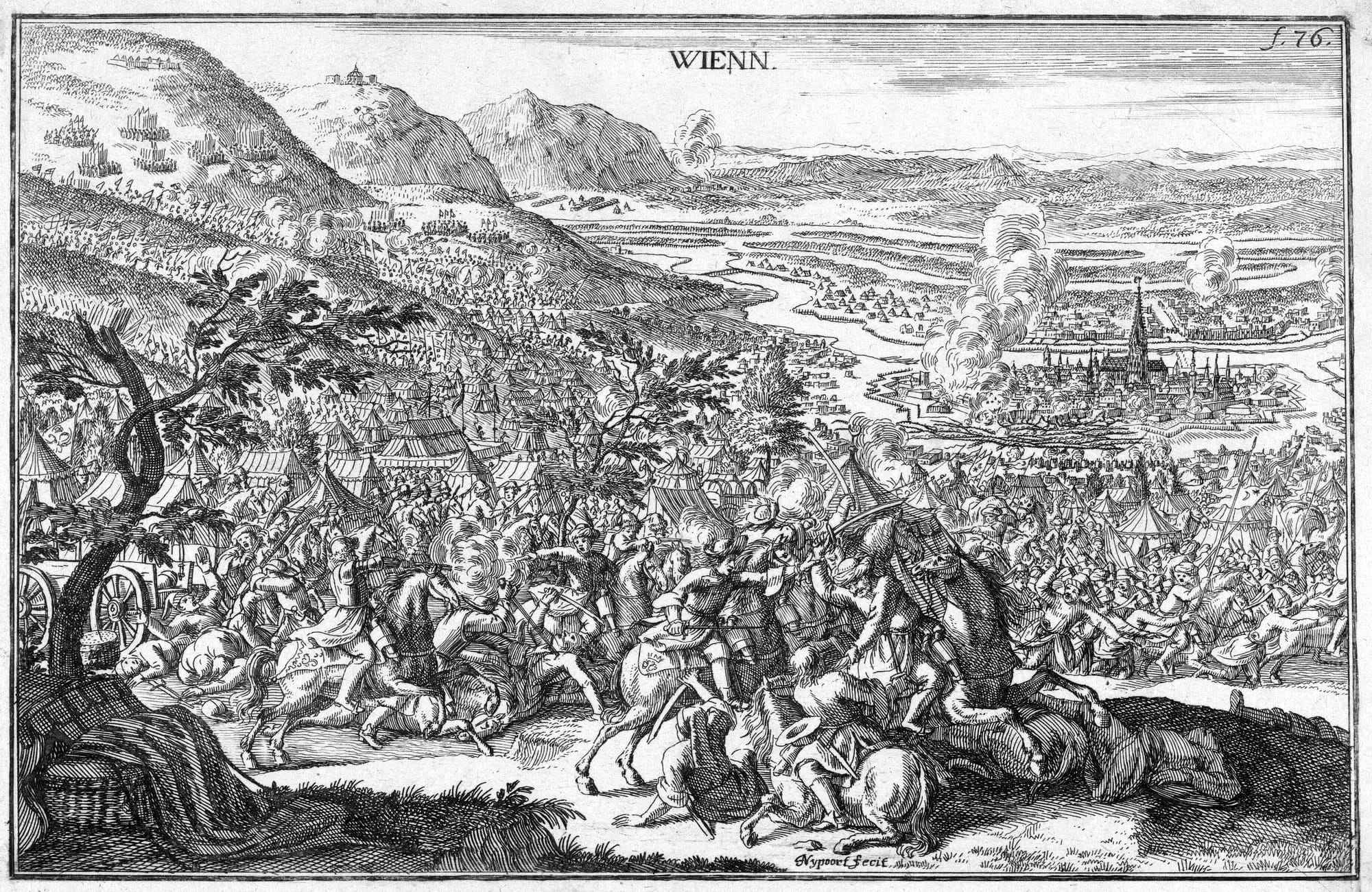 An engraving of a vast battle in a river valley, hills on the left, a walled city with a tall spire in the distance