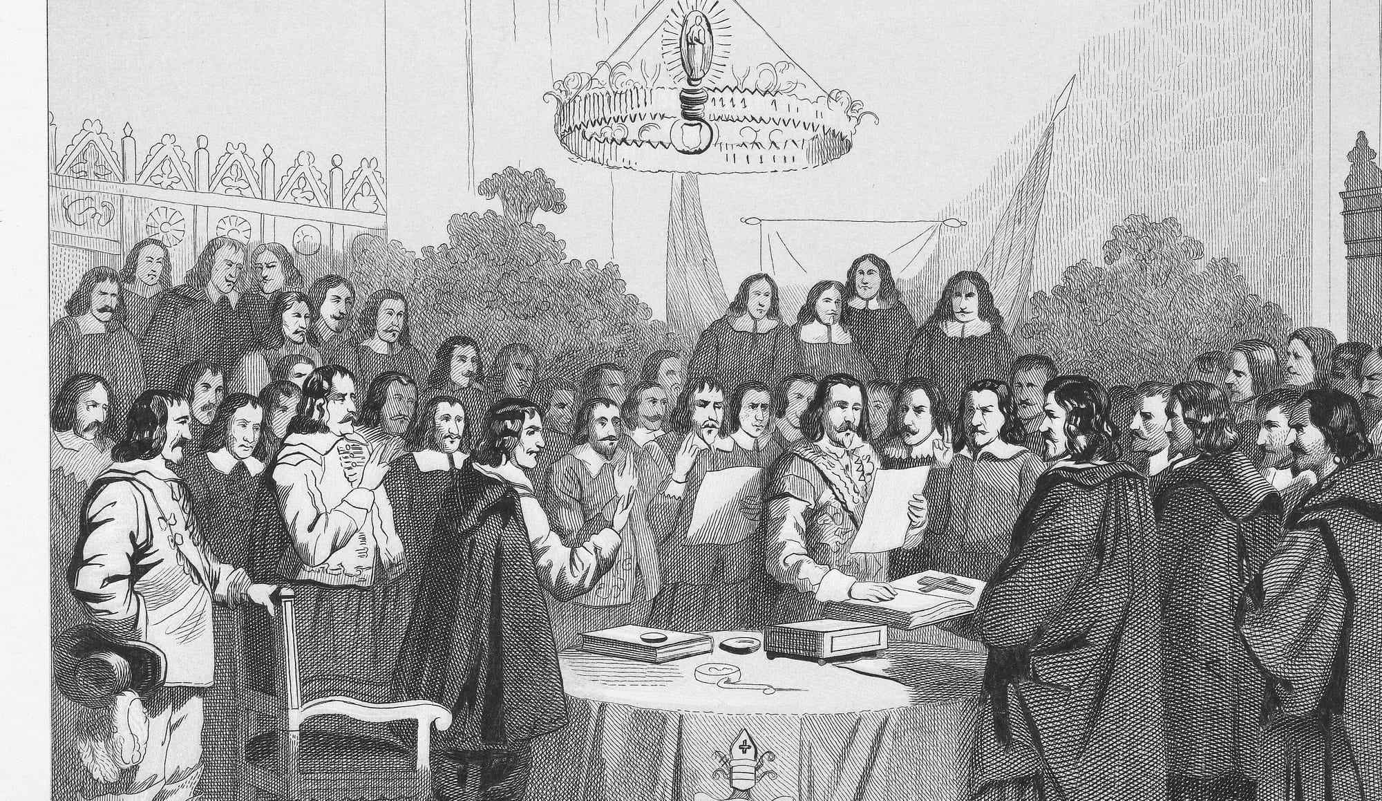 An engraving of a crowded hall where men in black with white collars raise their hands to swear an oath over a table