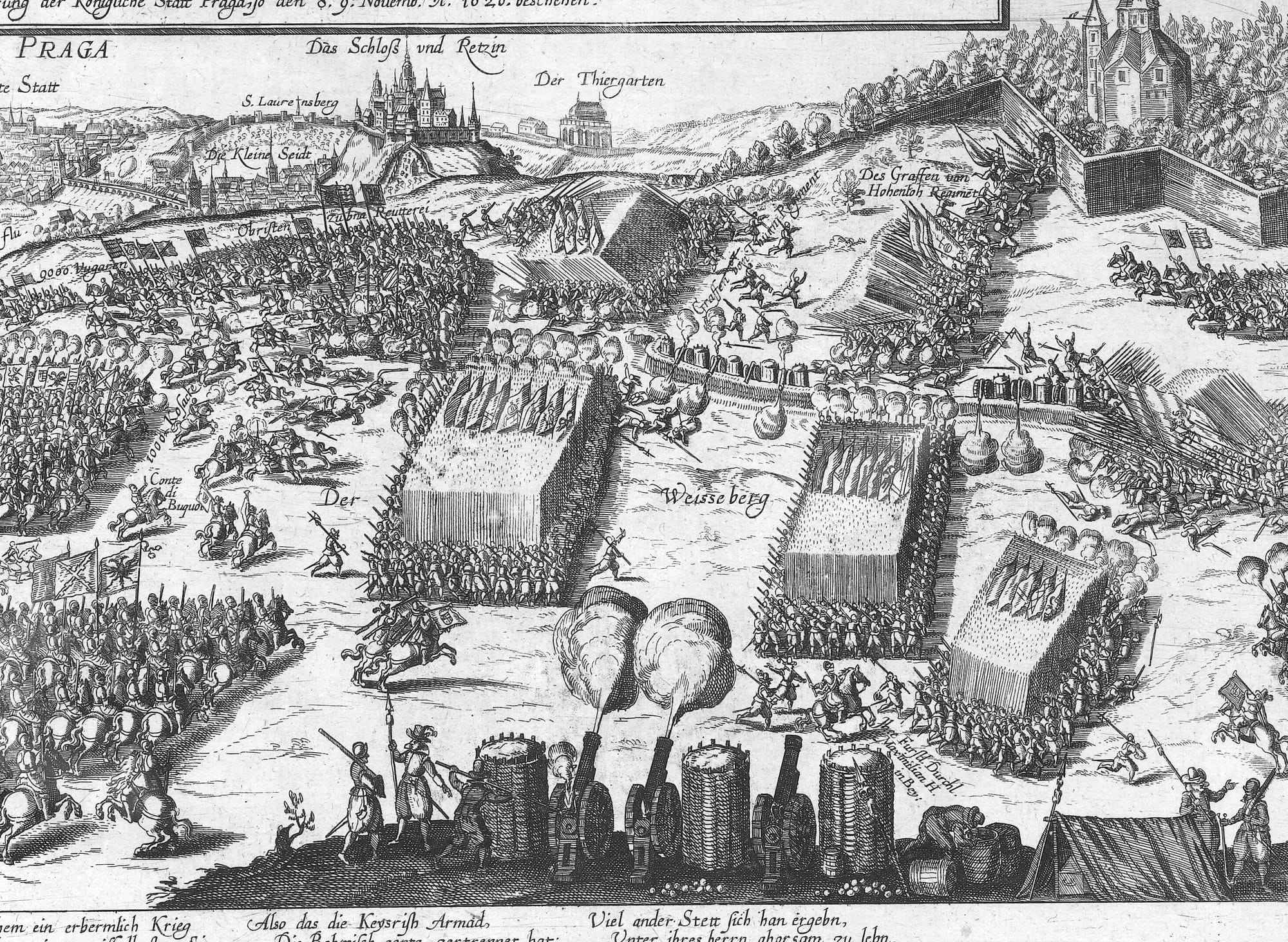 An engraving of a battle on a broad hillside, blocks of soldiers, cavalry and smoke, a city with towers on the horizon
